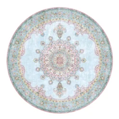 Teppich Vintage Rund - Lily Medaillon Hellblau Türkis