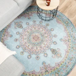 Teppich Vintage Rund - Lily Medaillon Hellblau Türkis