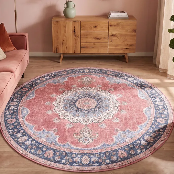 Teppich Vintage Rund - Lily Medaillon Rot Rosa