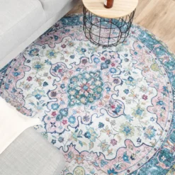 Teppich Vintage Rund - Lily Oriental Blau Rosa