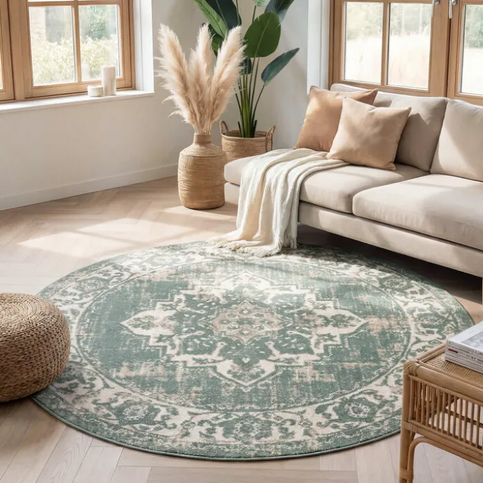 Teppich Vintage Rund - Spring Medaillon Grün Creme