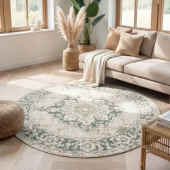 Teppich Vintage Rund - Spring Medaillon Creme Grün