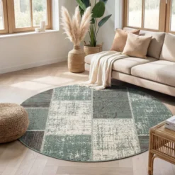 Teppich Vintage Rund - Spring Patchwork Grün Grau