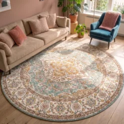 Teppich Vintage Rund - Thirza Medaillon Hellblau Bunt