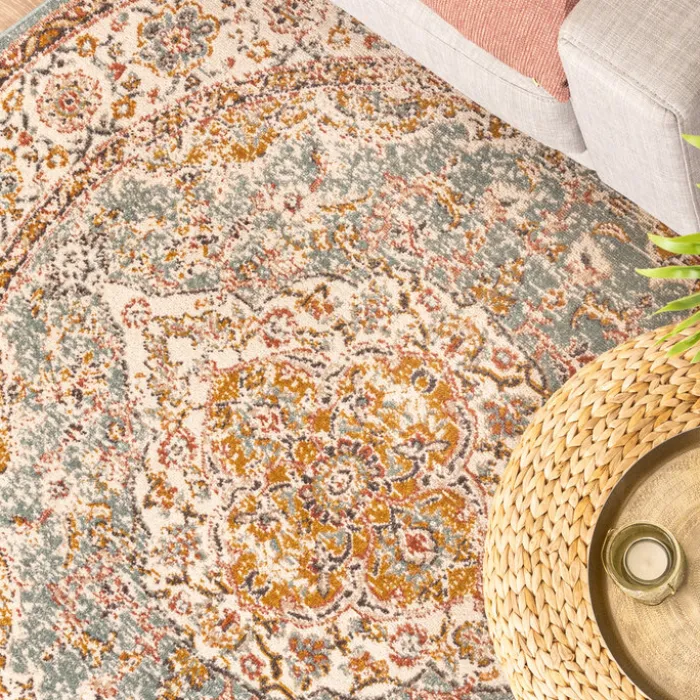 Teppich Vintage Rund - Thirza Medaillon Hellblau Bunt