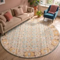 Teppich Vintage Rund - Thirza Oriental Hellblau Bunt
