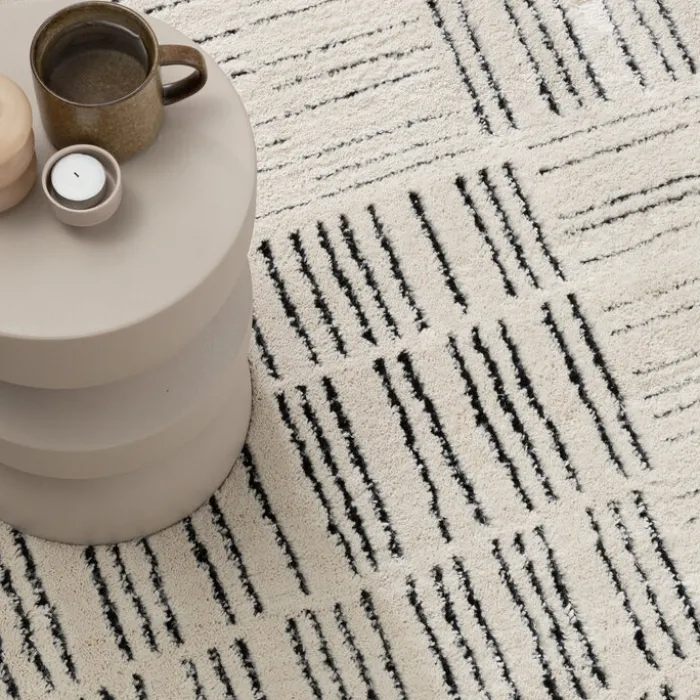Teppich Wohnzimmer - Yune Lines Creme Schwarz