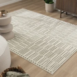 Teppich Wohnzimmer - Yune Lines Creme Grün