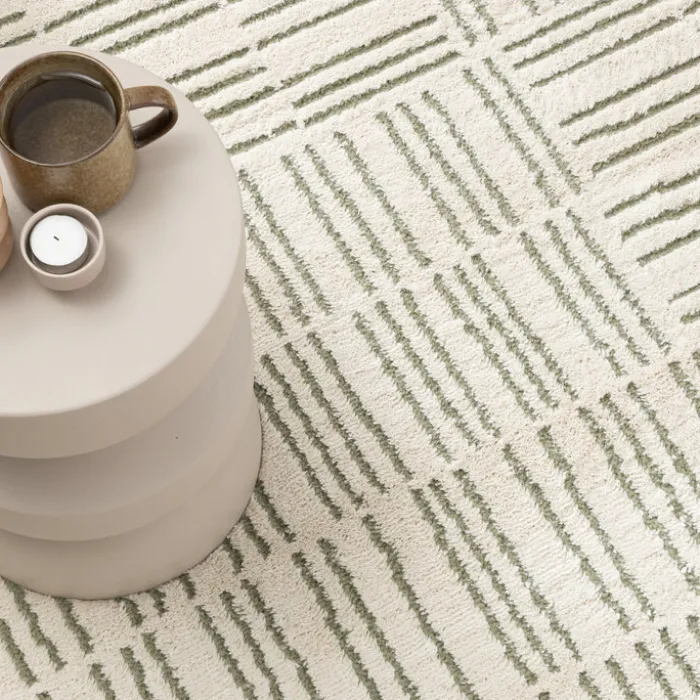 Teppich Wohnzimmer - Yune Lines Creme Grün