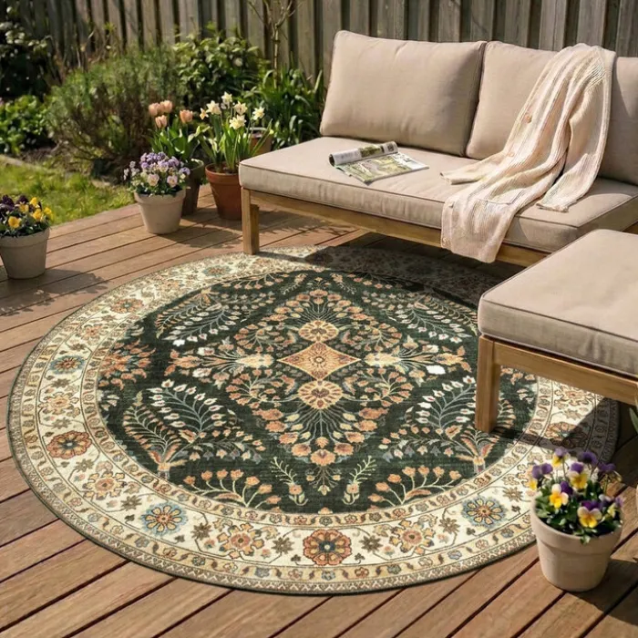 Vintage Gartenteppich Rund - Santo Flora Dunkelgrün