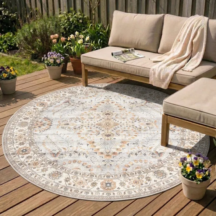 Vintage Gartenteppich Rund - Santo Flora Hellgrau