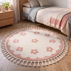 Waschbarer Kinderteppich Rund - Moos Flower Rosa