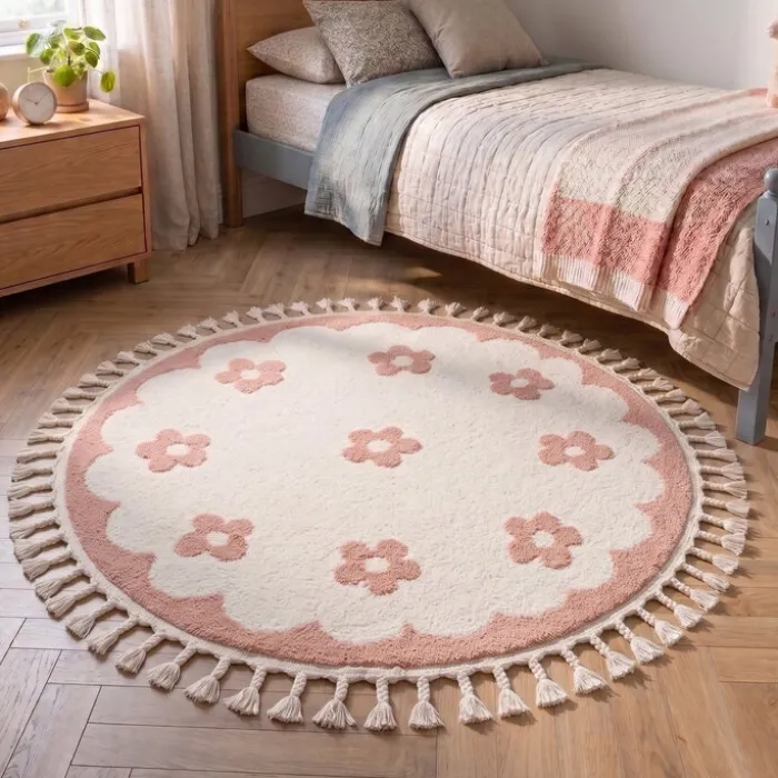 Waschbarer Kinderteppich Rund - Moos Flower Rosa