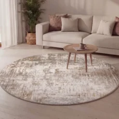Waschbarer Teppich Rund - Misha Grunge Creme Braun