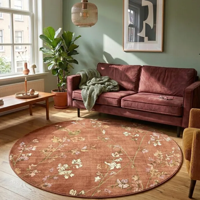 Waschbarer Teppich Rund - Misty Floral Terrakotta