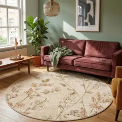 Waschbarer Teppich Rund - Misty Floral Creme